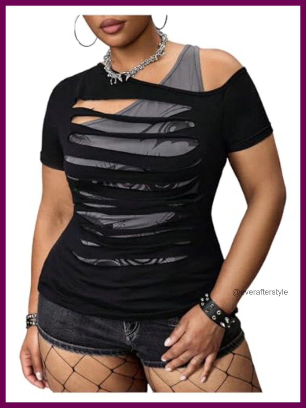Plus Size Y2K Punk Graphic Cold Shoulder 2-in-1 Ripped Tee